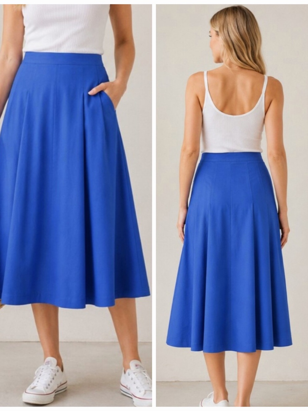 Zara Cornflower Blue High Waist A-Line Midi Skirt Pleated Pockets Size S